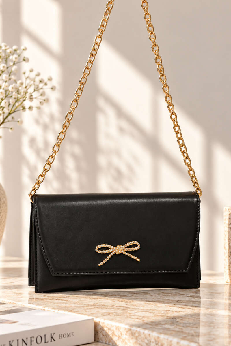 Chain Bag with Ribbon Detail - Black