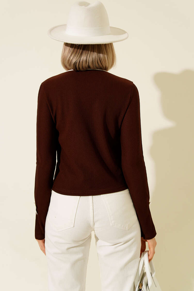 Ribbed Blouse with Ribbon Bow - Brown