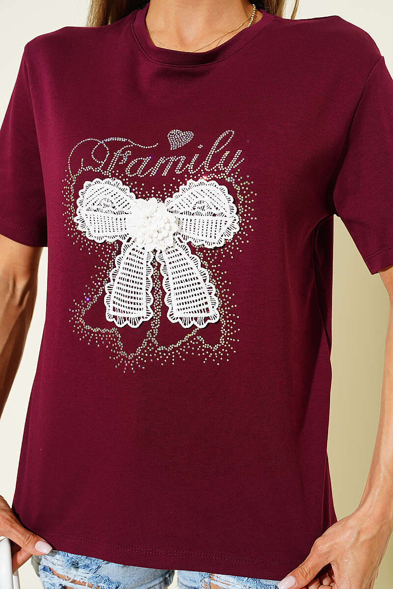 Ribbon Guipure T-Shirt - Burgundy