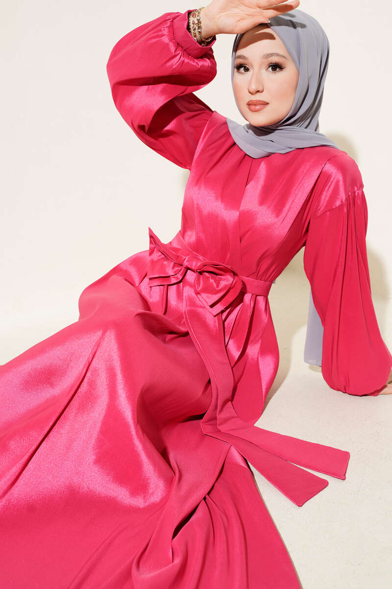Belted Evening Dress with Ribbon Sash - Fuchsia