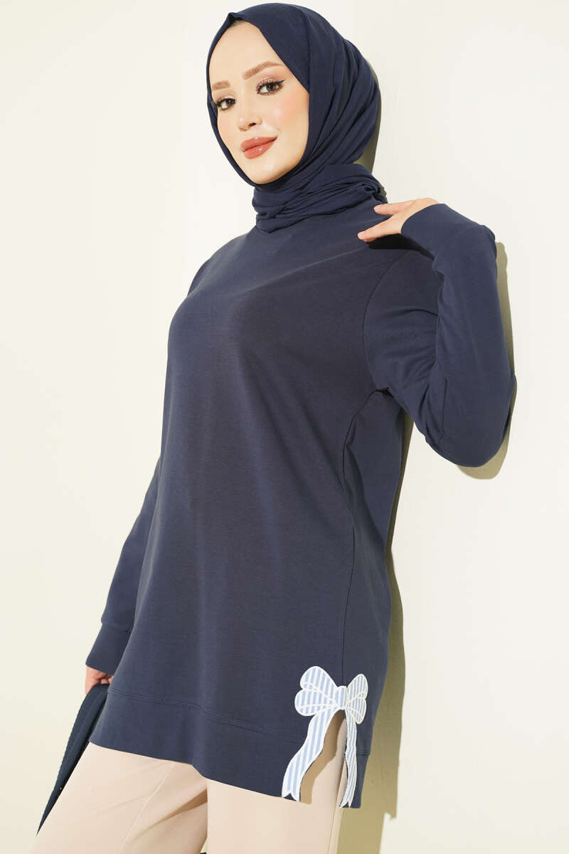 Ribbon-Embroidered Crew-Neck Tunic - Navy