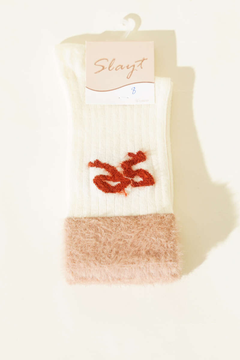 Fluffy Ankle Socks with Ribbon Detail - Ecru