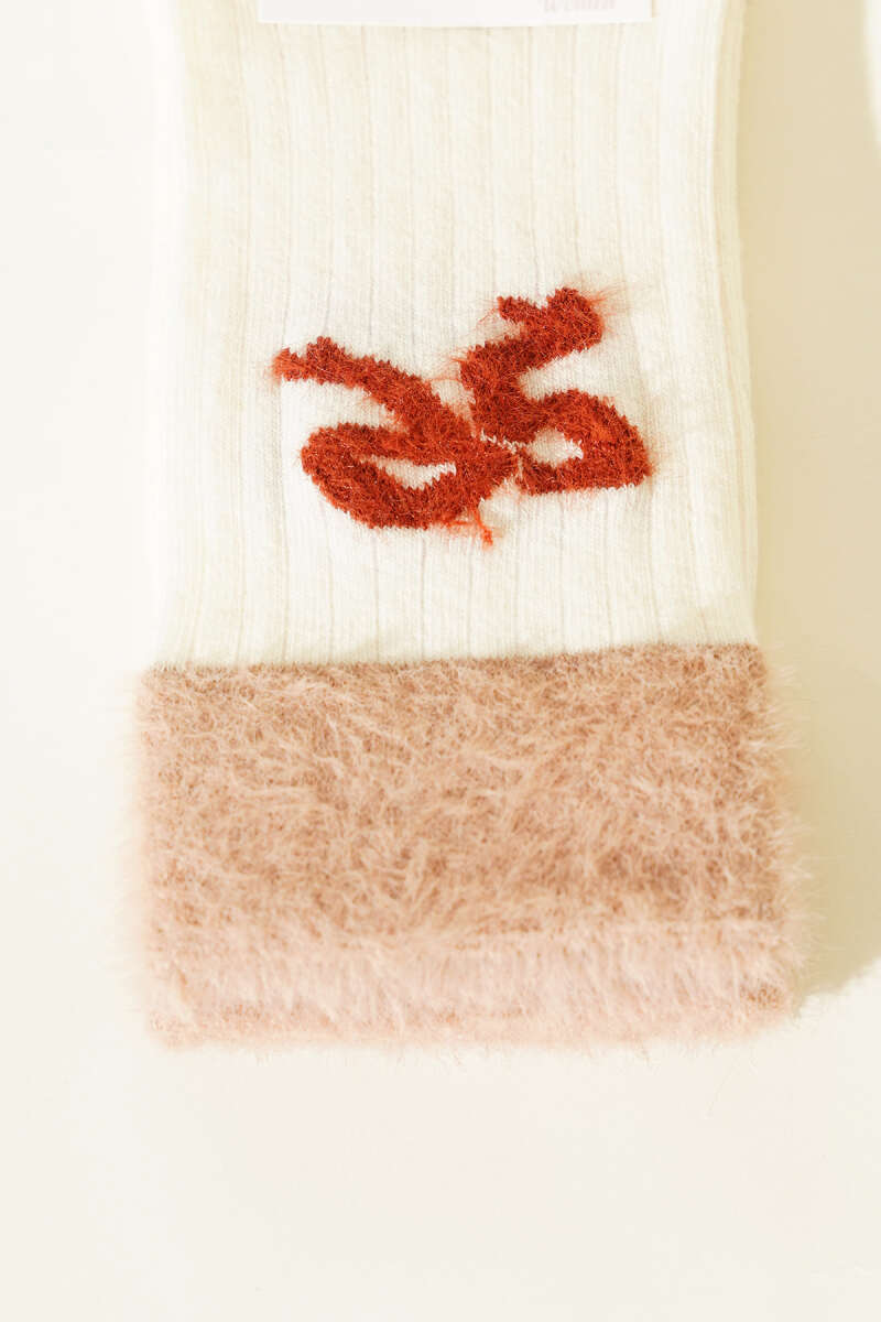Fluffy Ankle Socks with Ribbon Detail - Ecru