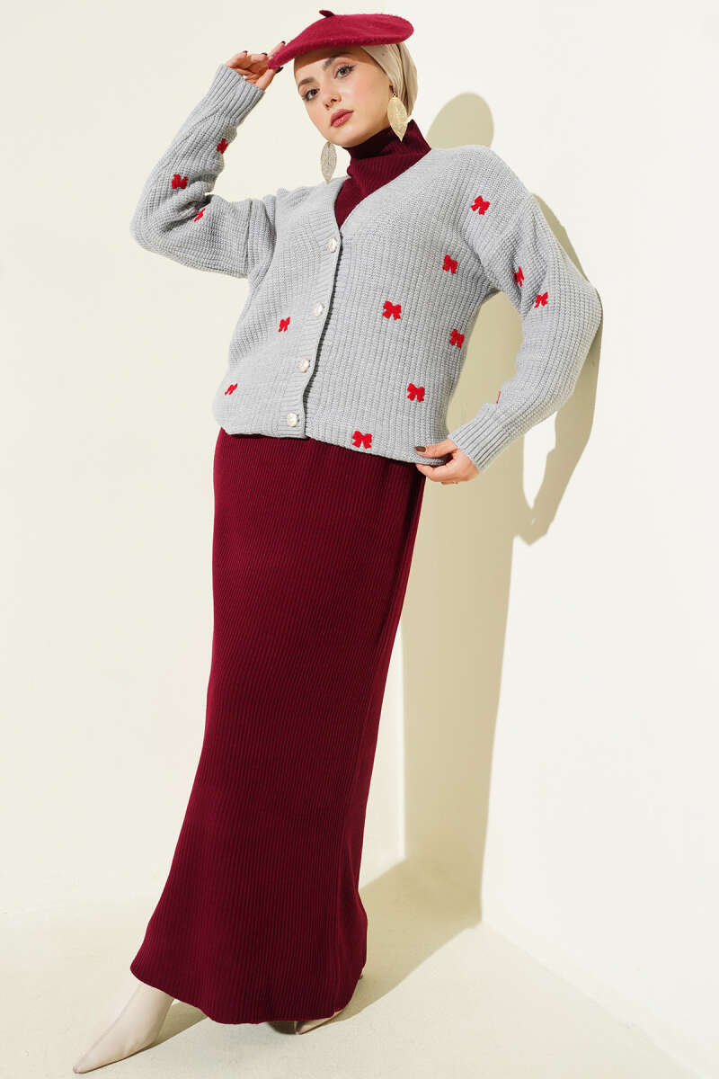Ribbon-Trim Knit Cardigan - Grey