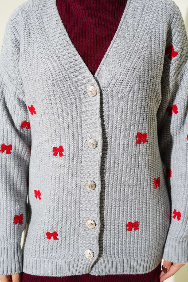 Ribbon-Trim Knit Cardigan - Grey