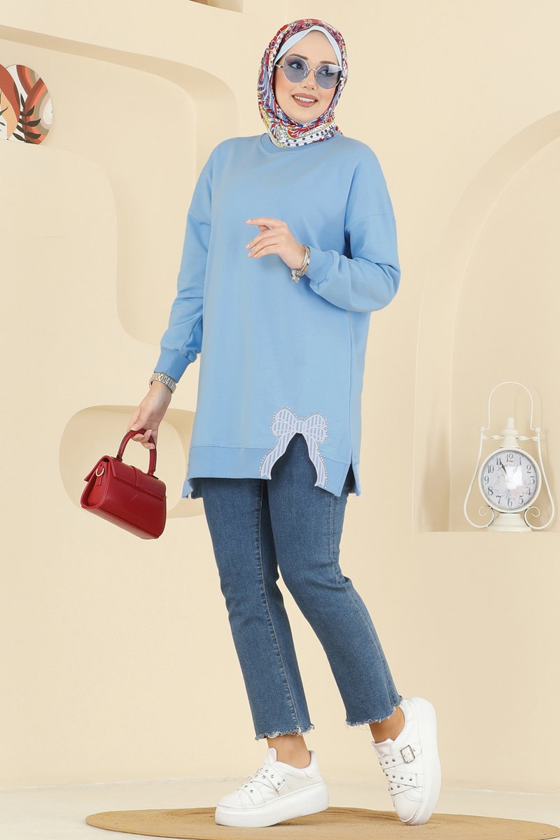 Two-Thread Tunic with Ribbon-Tie Slits - Light Blue