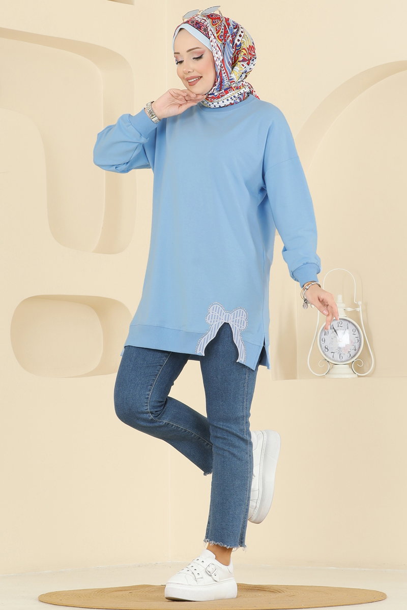 Two-Thread Tunic with Ribbon-Tie Slits - Light Blue