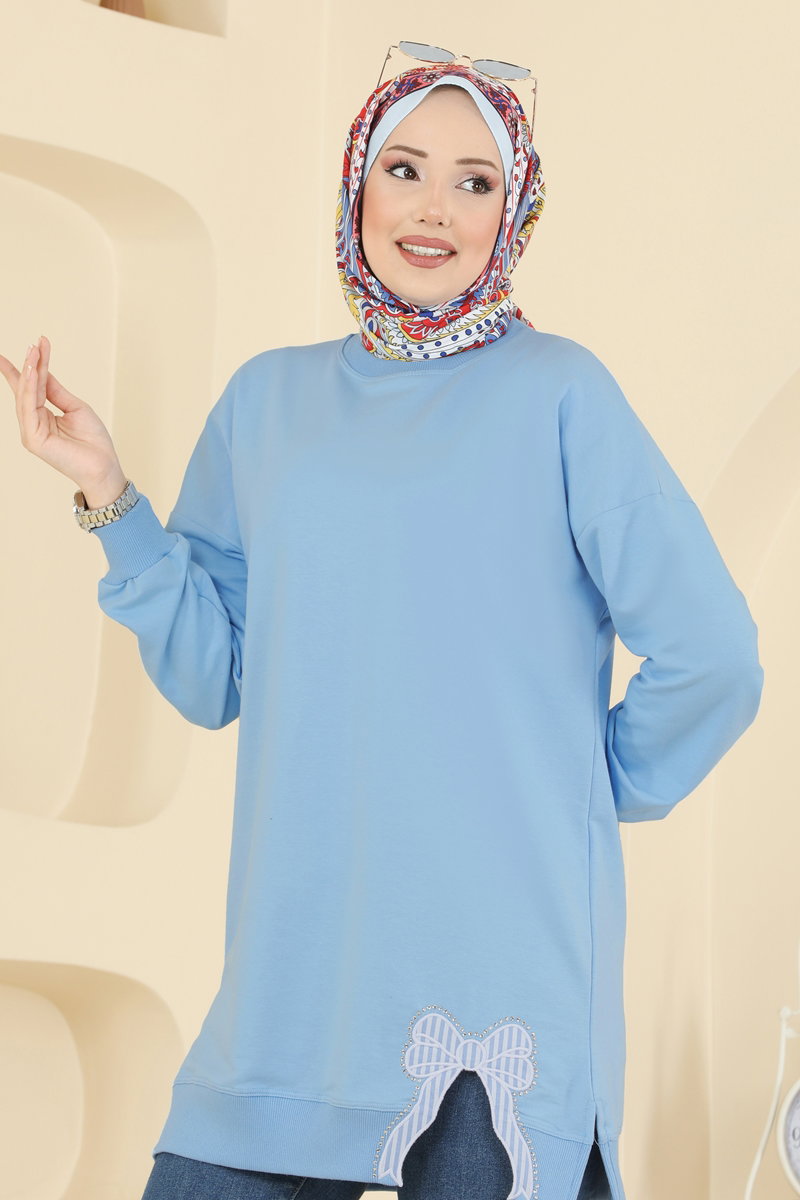 Two-Thread Tunic with Ribbon-Tie Slits - Light Blue
