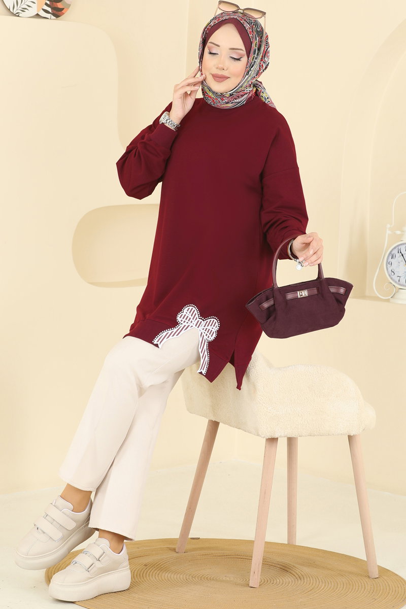 Two-Thread Tunic with Ribbon-Tie Slits - Burgundy