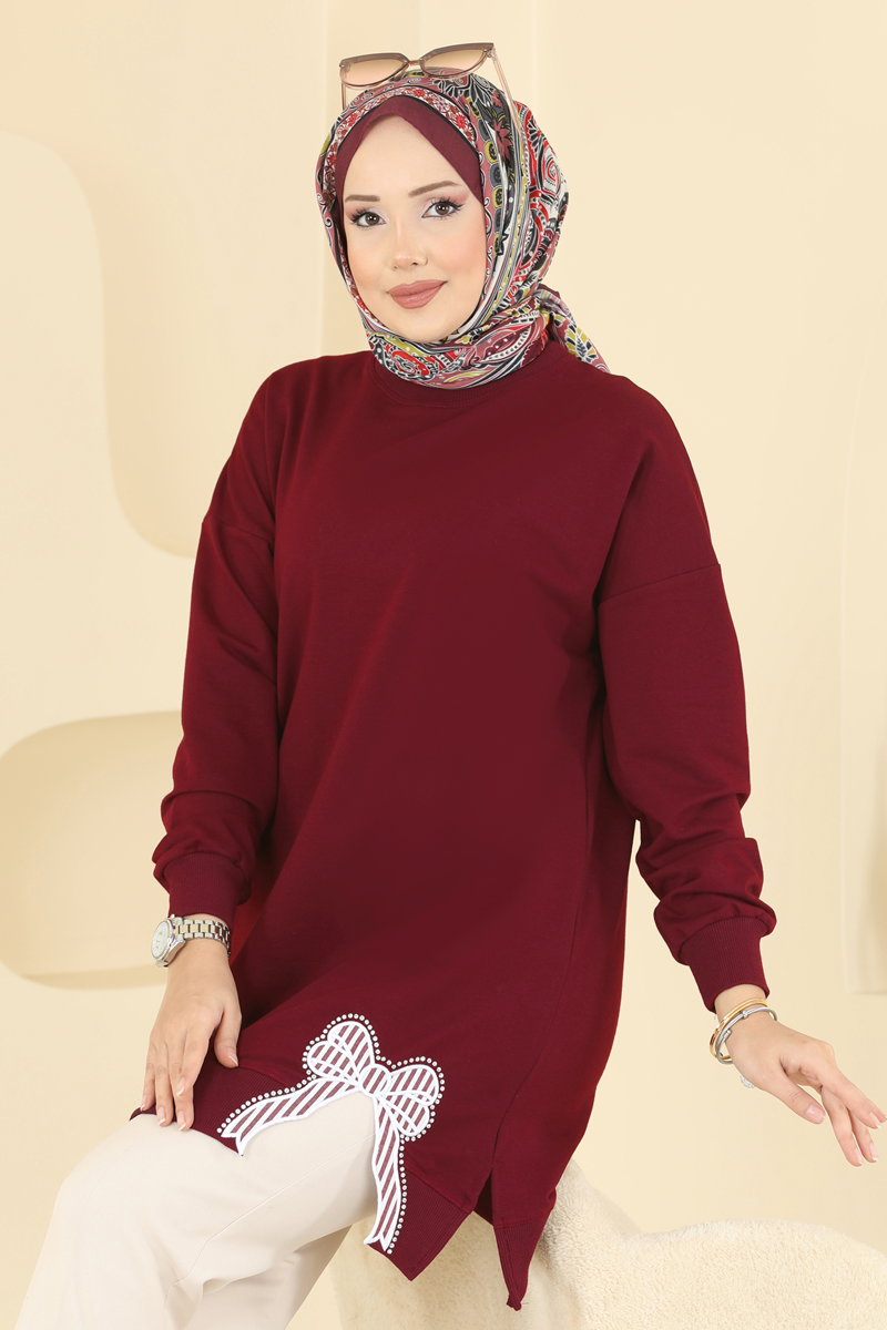 Two-Thread Tunic with Ribbon-Tie Slits - Burgundy