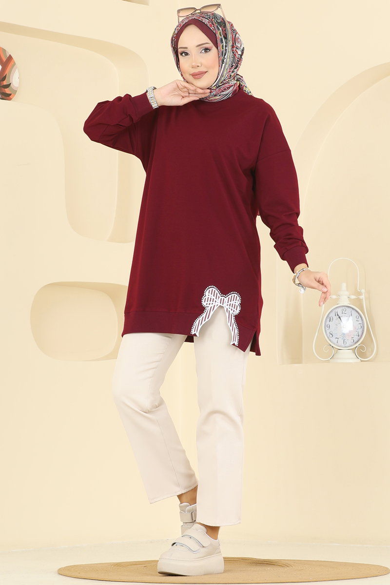 Two-Thread Tunic with Ribbon-Tie Slits - Burgundy