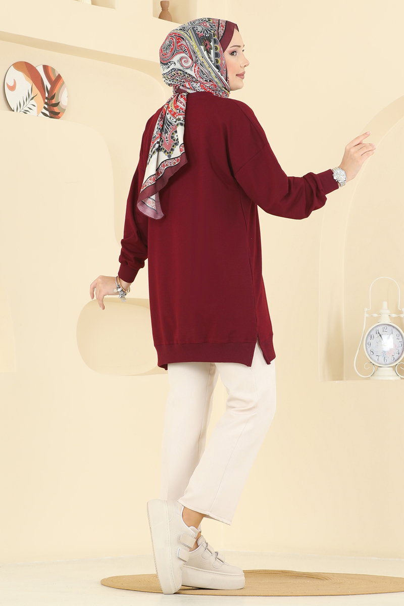 Two-Thread Tunic with Ribbon-Tie Slits - Burgundy