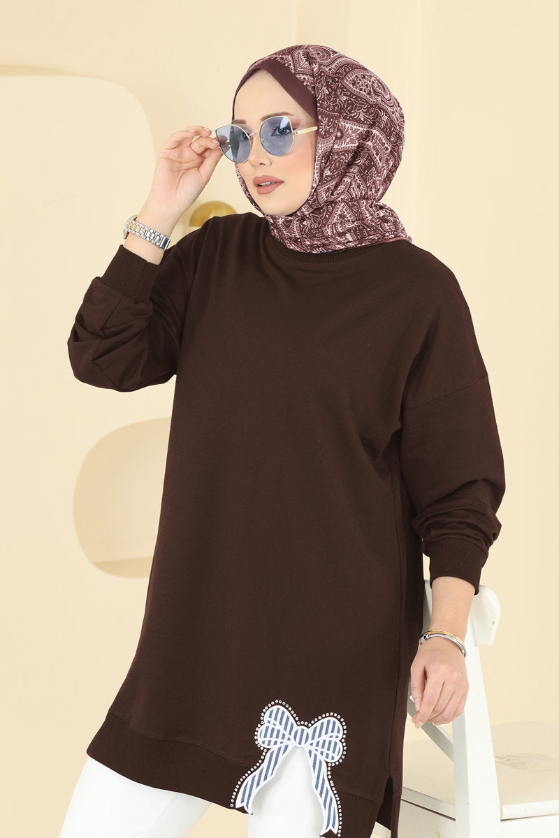 Two-Thread Tunic with Ribbon-Tie Slits - Dark Brown