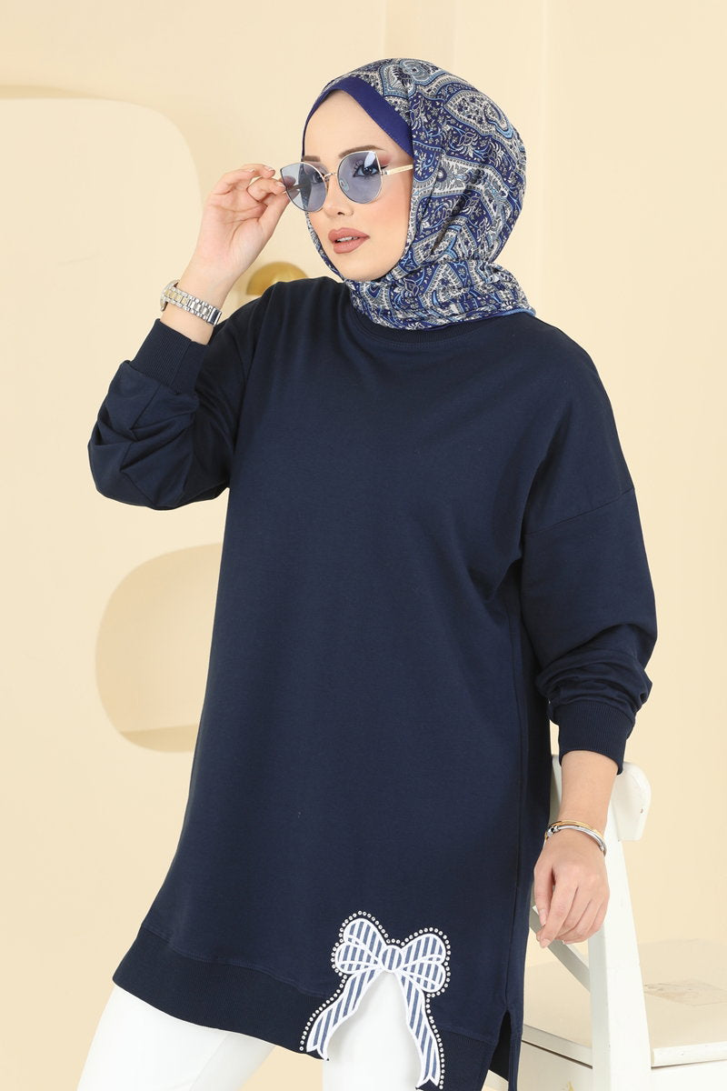Two-Thread Tunic with Ribbon-Tie Slits - Navy