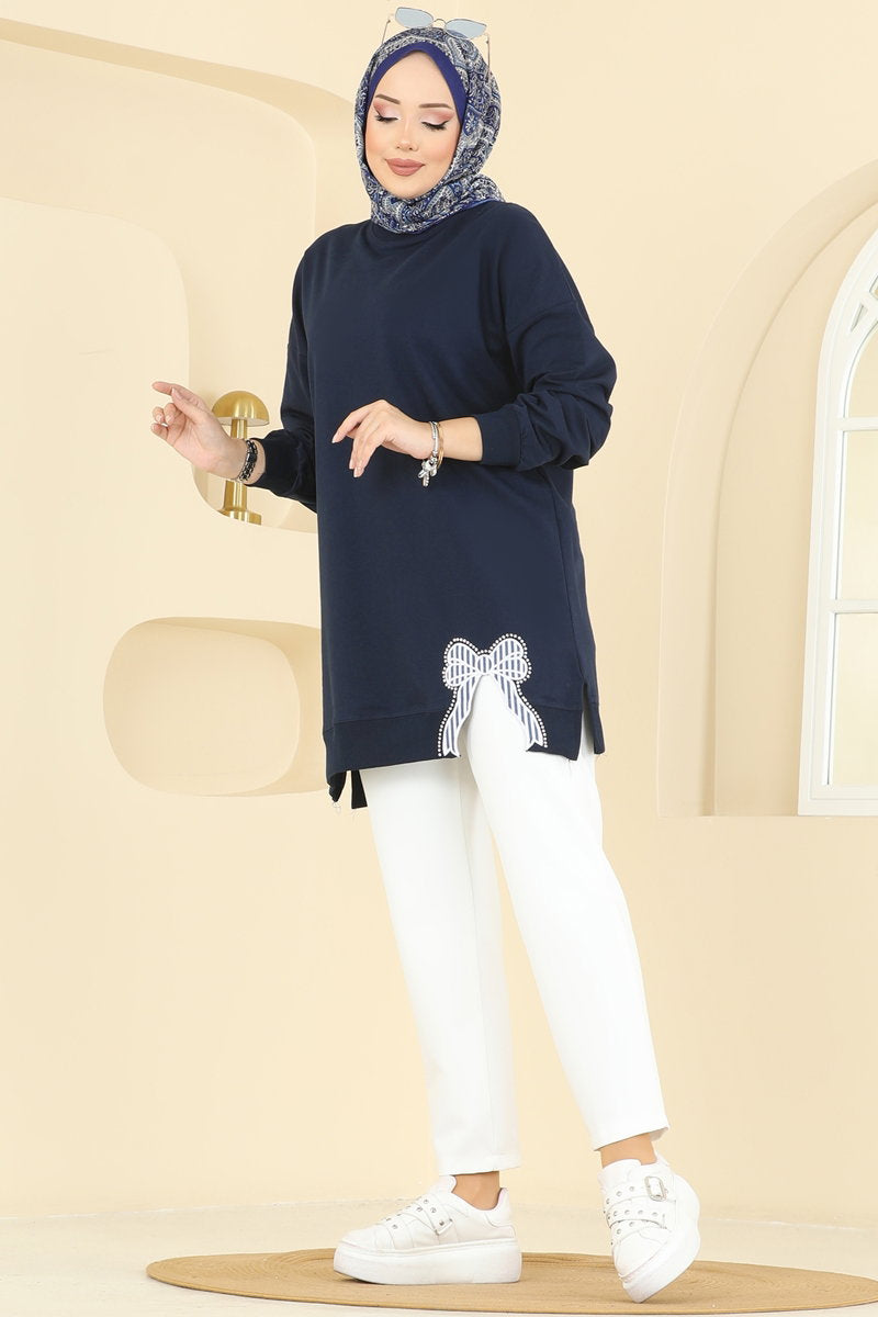 Two-Thread Tunic with Ribbon-Tie Slits - Navy