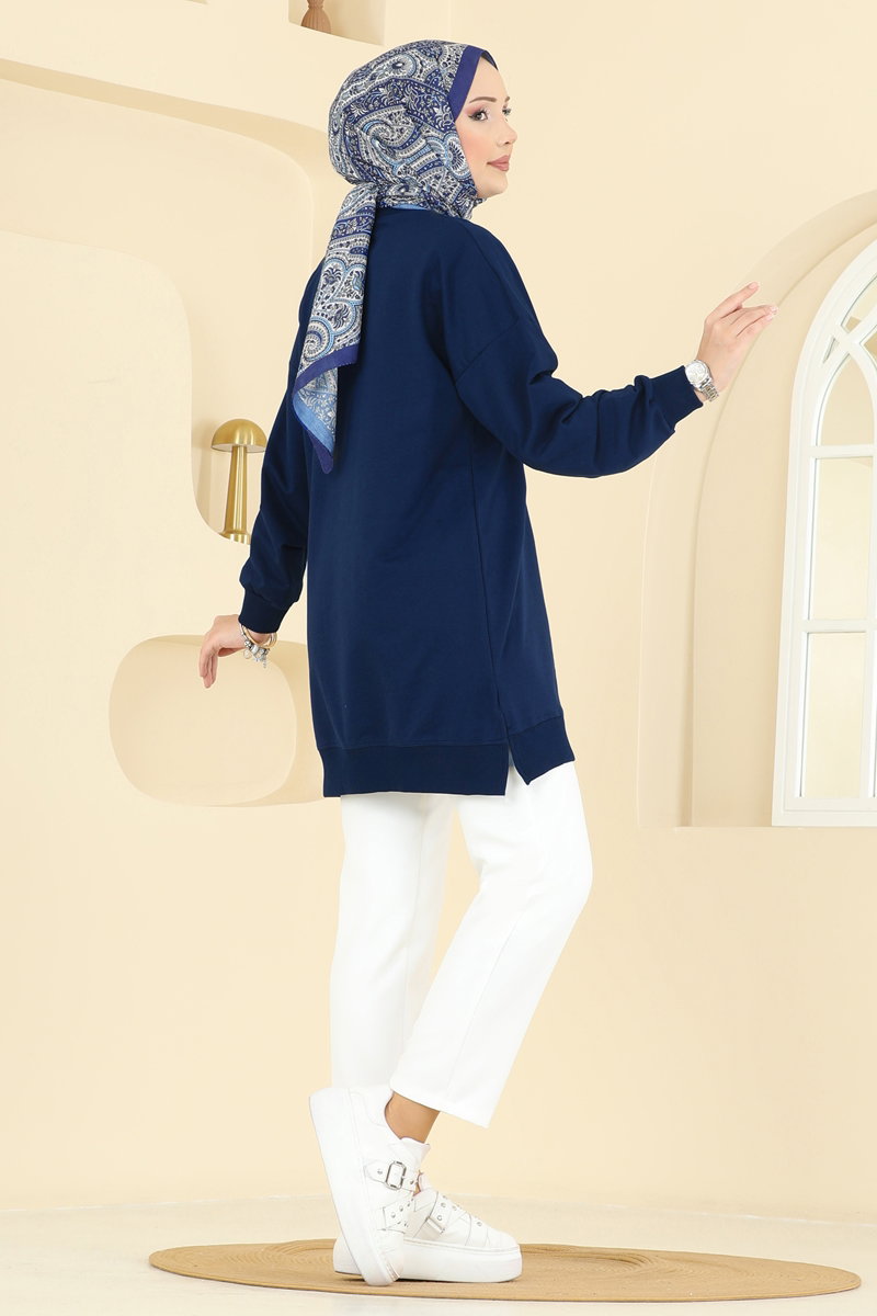 Two-Thread Tunic with Ribbon-Tie Slits - Navy