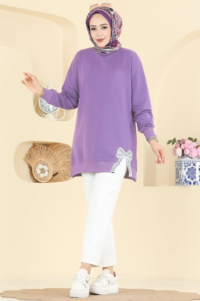 Two-Thread Tunic with Ribbon-Tie Slits - Lilac