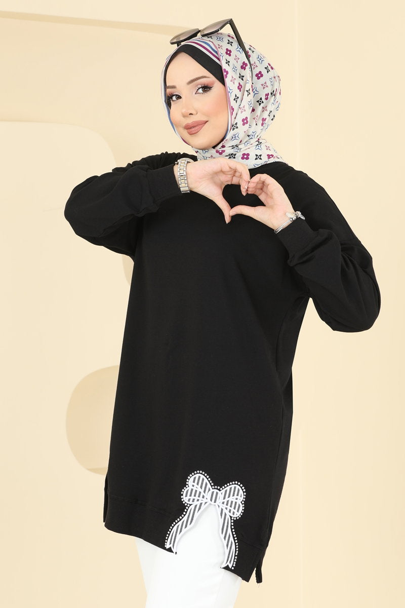Two-Thread Tunic with Ribbon-Tie Slits - Black