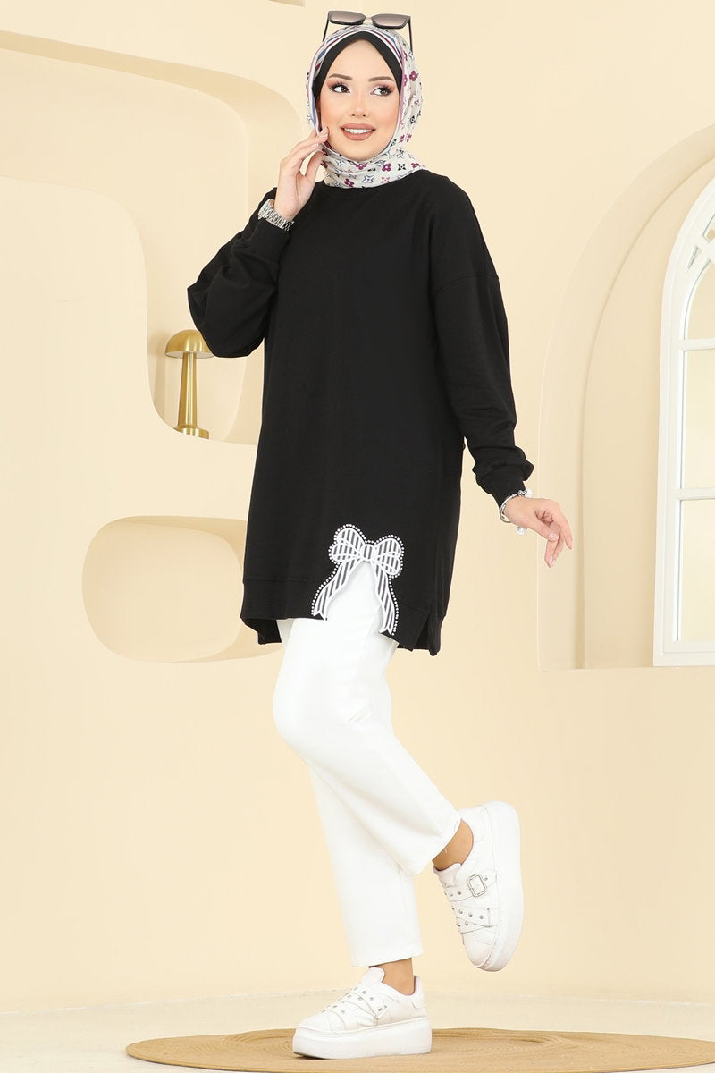 Two-Thread Tunic with Ribbon-Tie Slits - Black