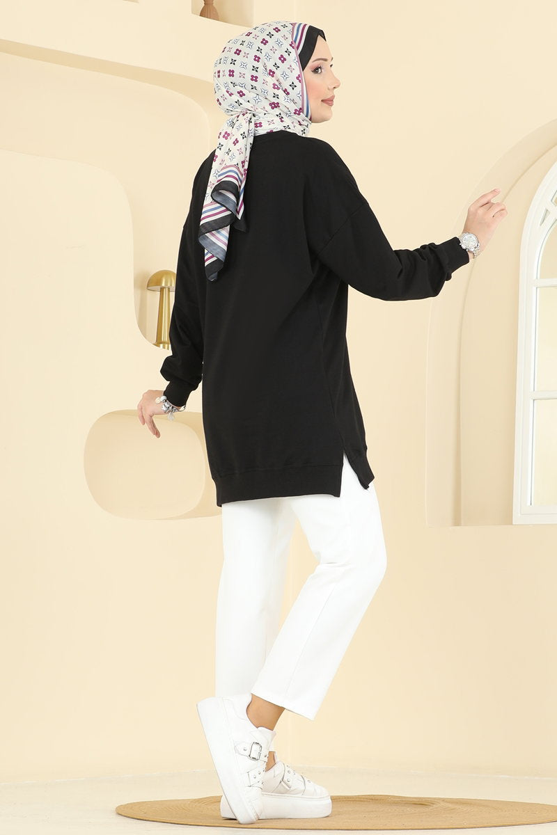 Two-Thread Tunic with Ribbon-Tie Slits - Black