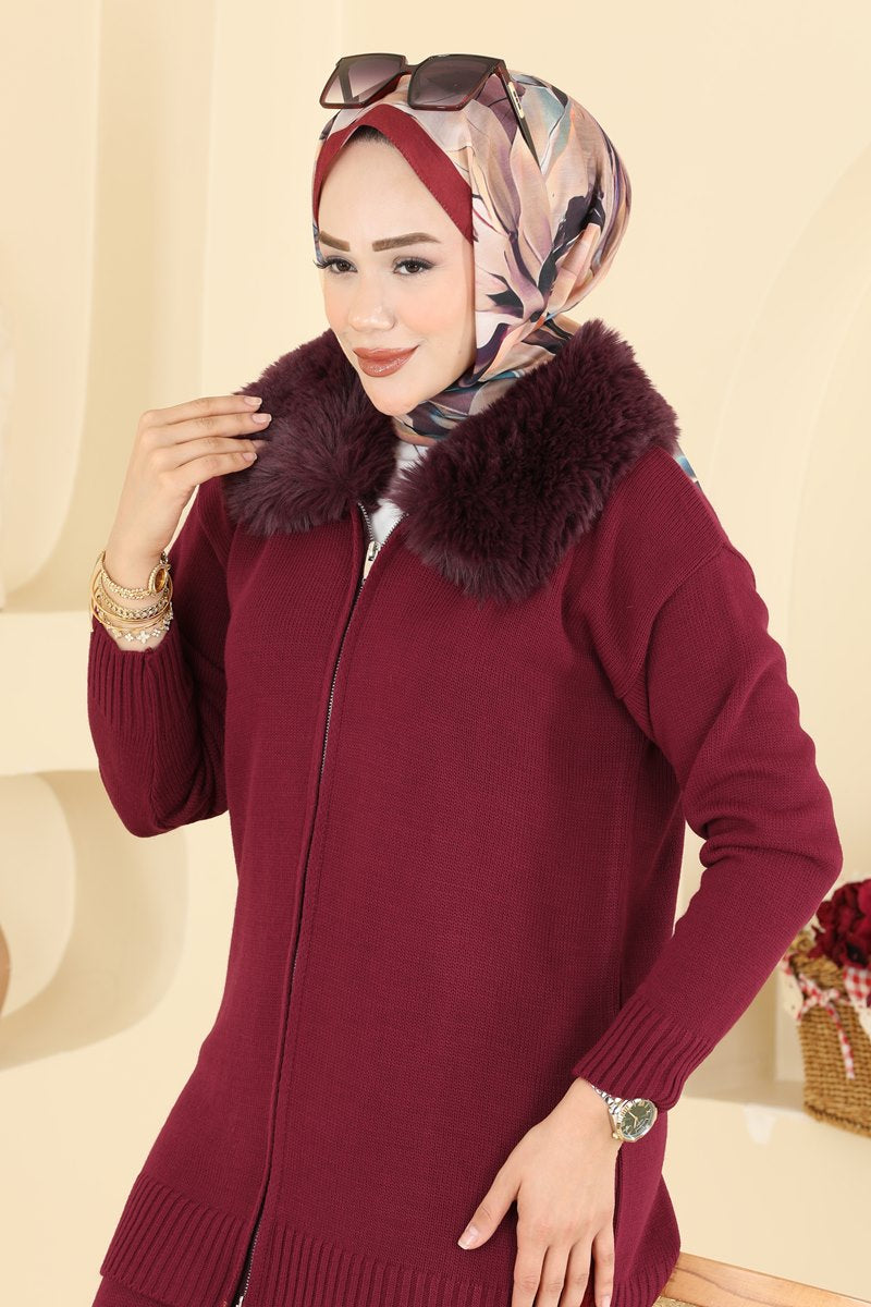 Knit Two-Piece Set with Fur Detail - Burgundy