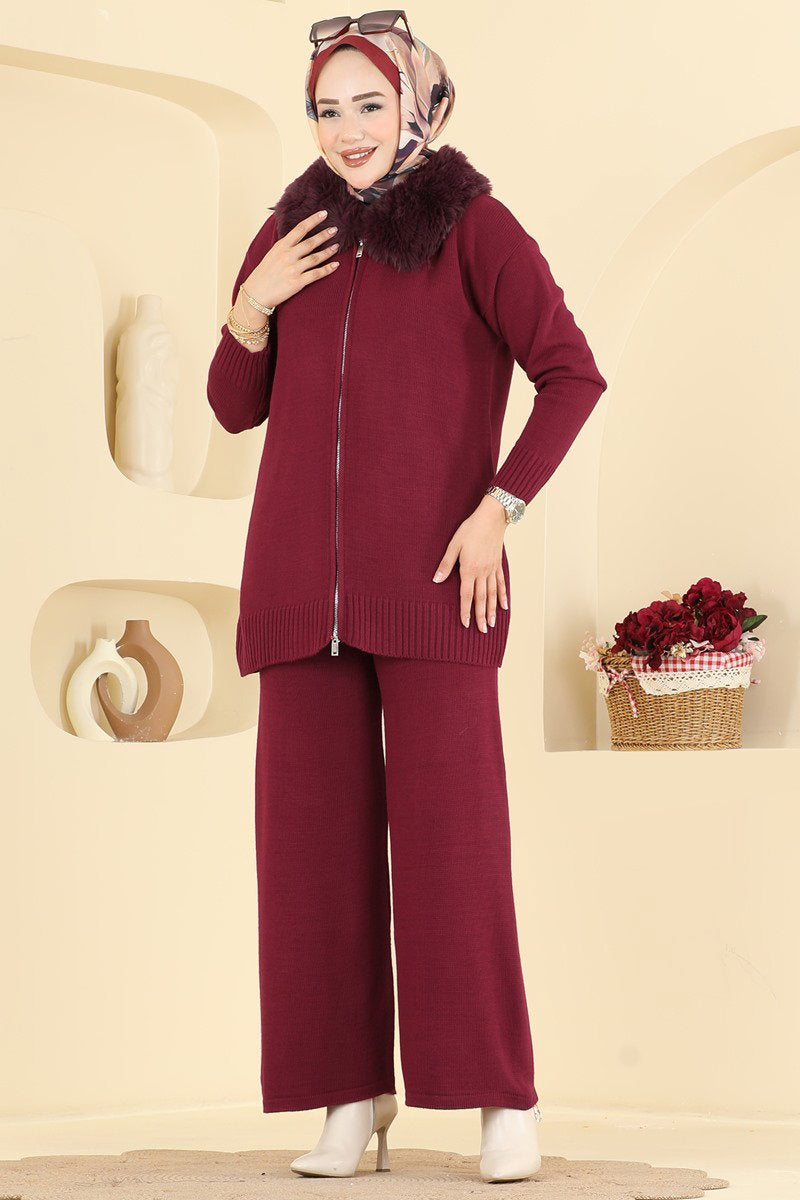 Knit Two-Piece Set with Fur Detail - Burgundy