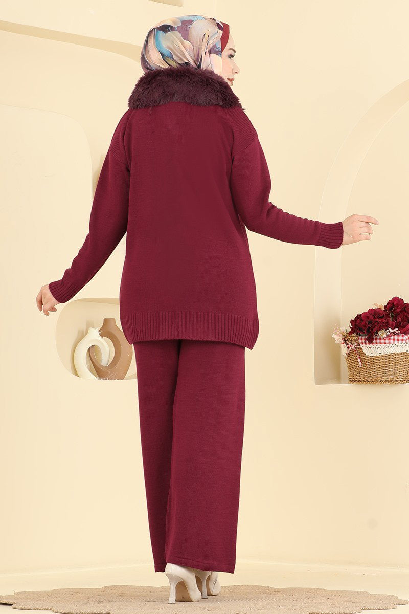 Knit Two-Piece Set with Fur Detail - Burgundy