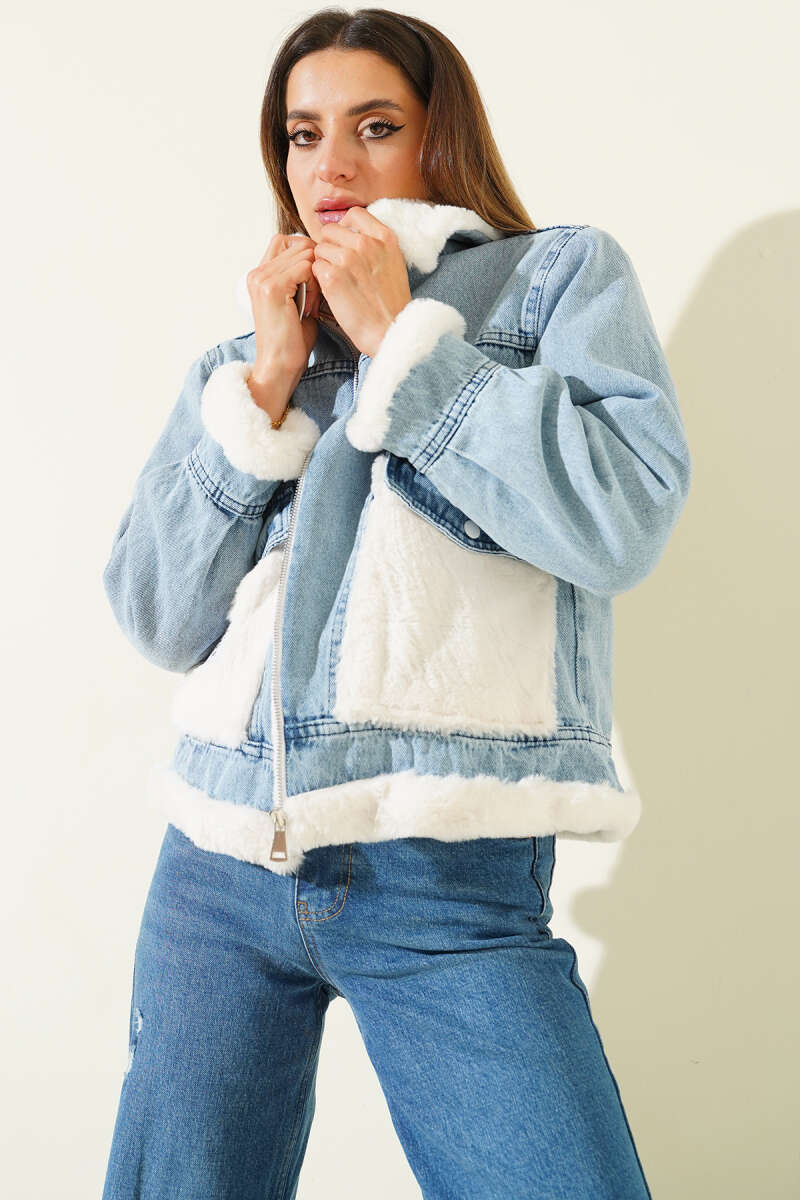 Jacket with Faux Fur Detail - Denim Blue