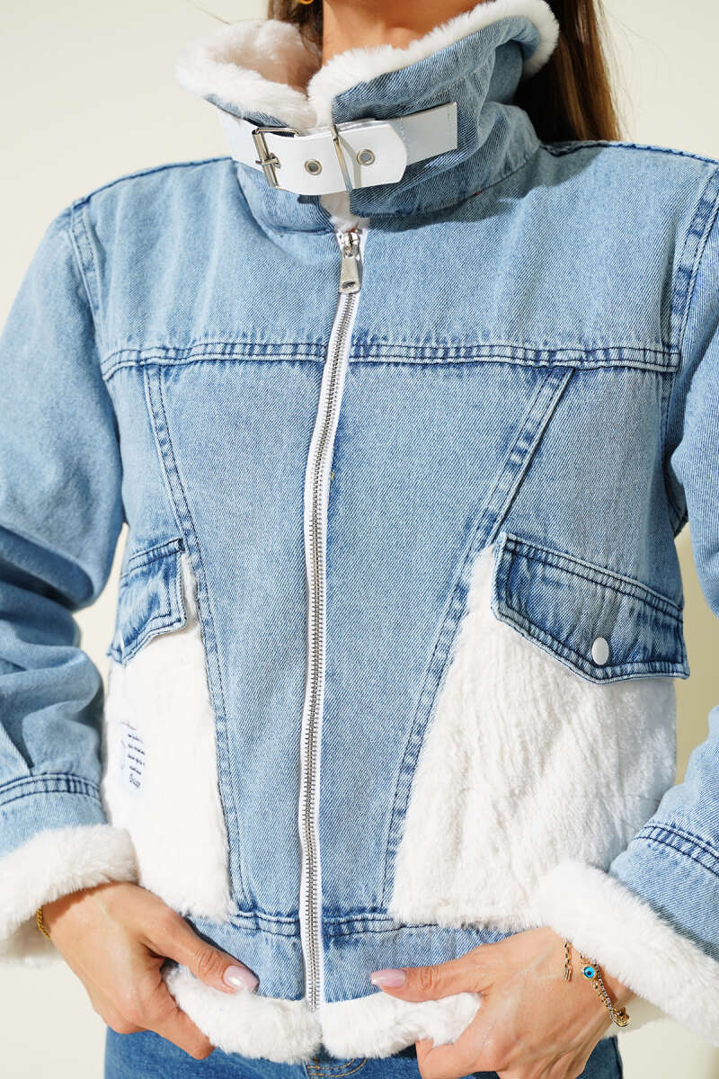 Jacket with Faux Fur Detail - Denim Blue
