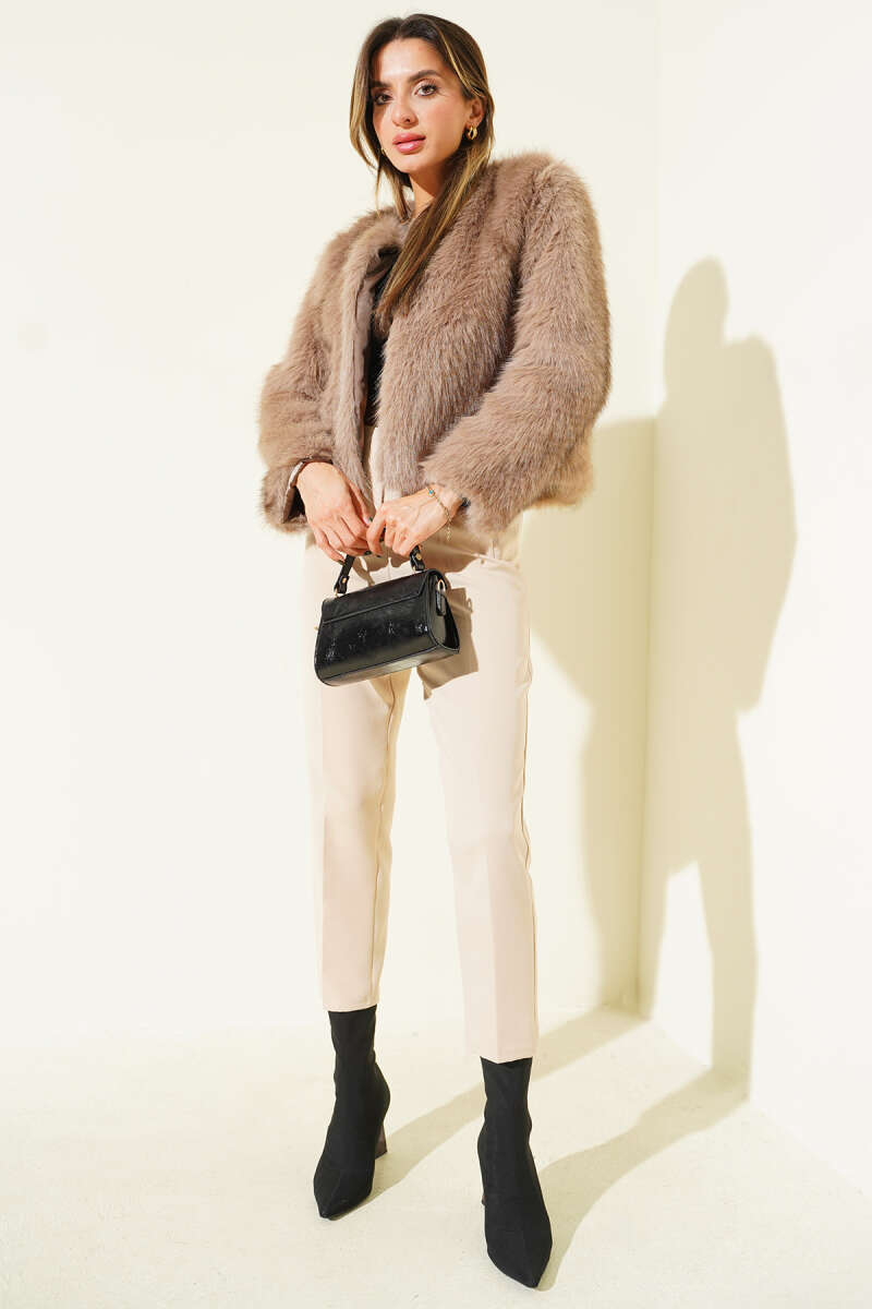 Short Coat with Faux Fur Detail - Brown