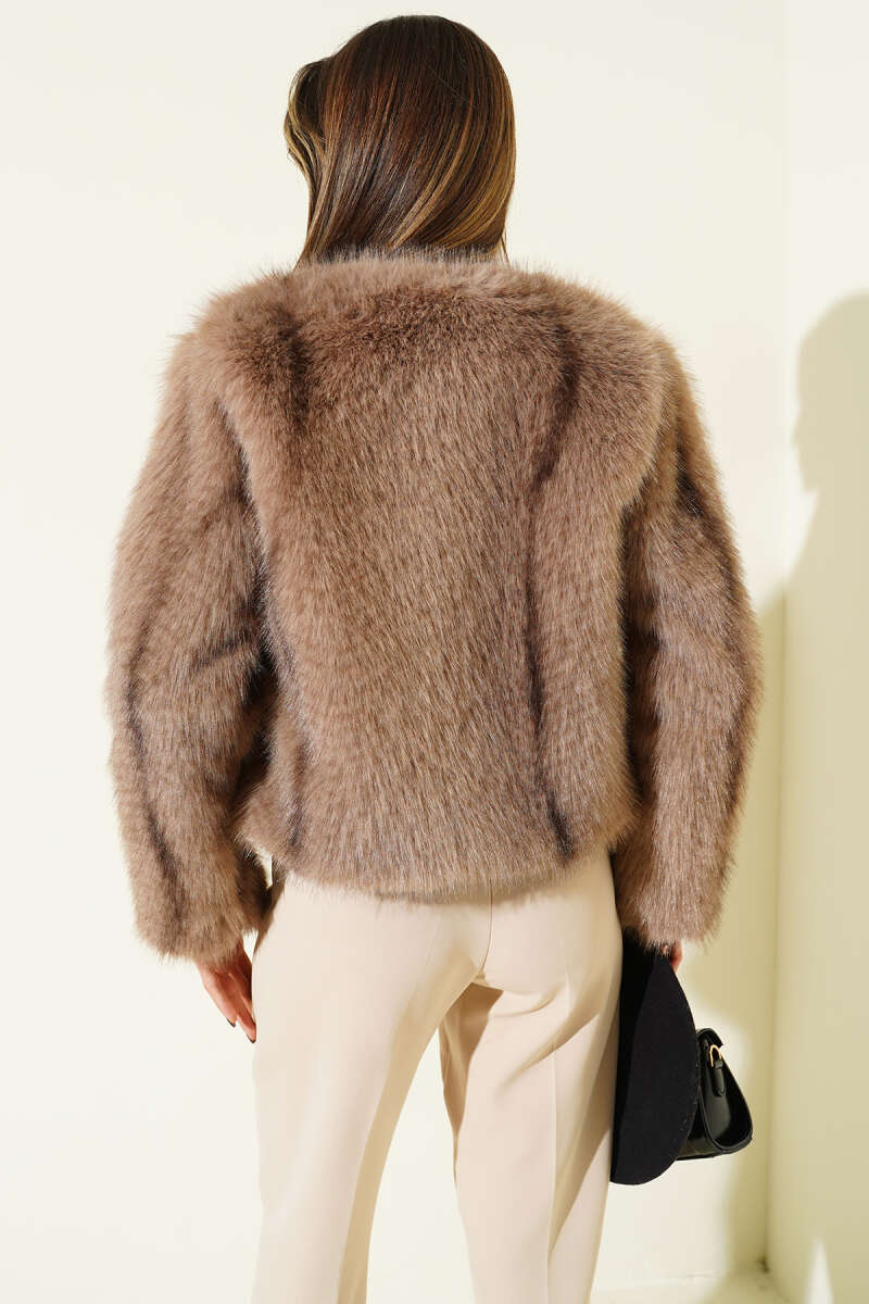 Short Coat with Faux Fur Detail - Brown