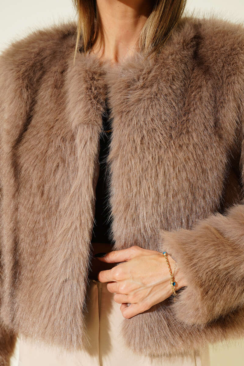 Short Coat with Faux Fur Detail - Brown