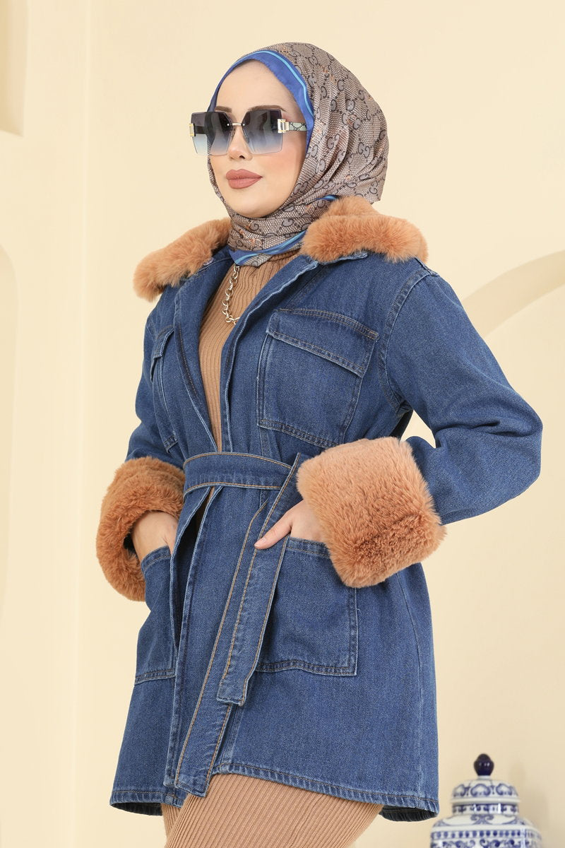 Fur-Trim Denim Cape Coat - Light Denim