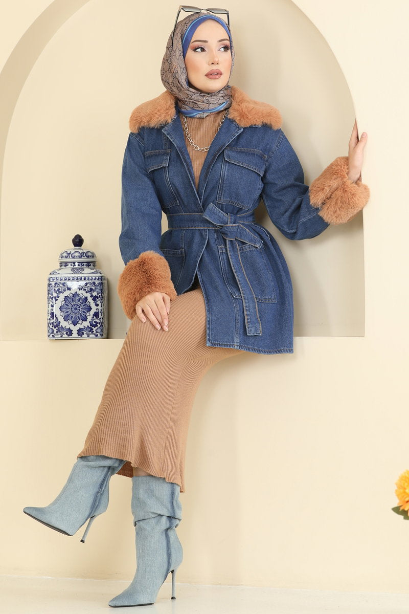 Fur-Trim Denim Cape Coat - Light Denim