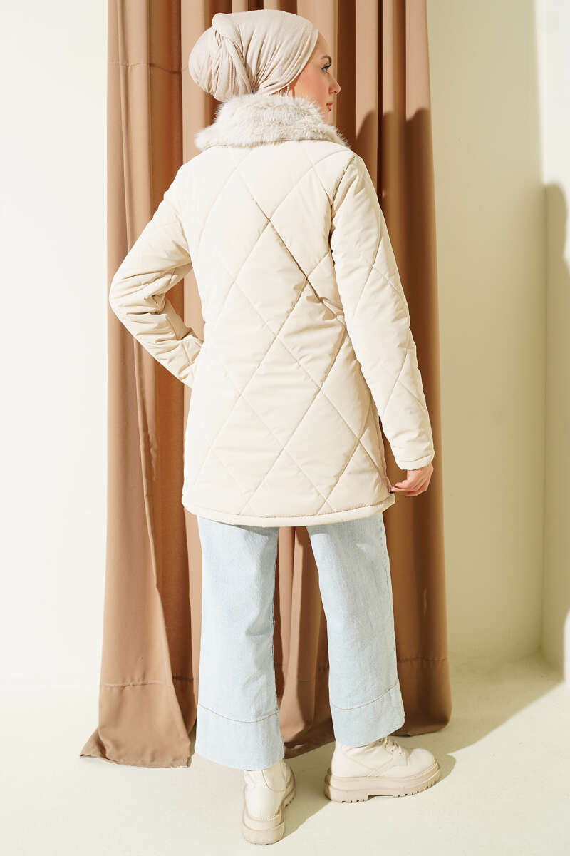 Quilted Zip Coat with Faux Fur Collar - Beige