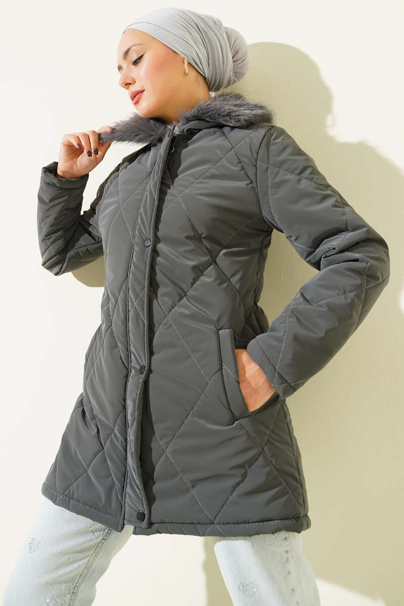 Quilted Zip Coat with Faux Fur Collar - Smoke Grey