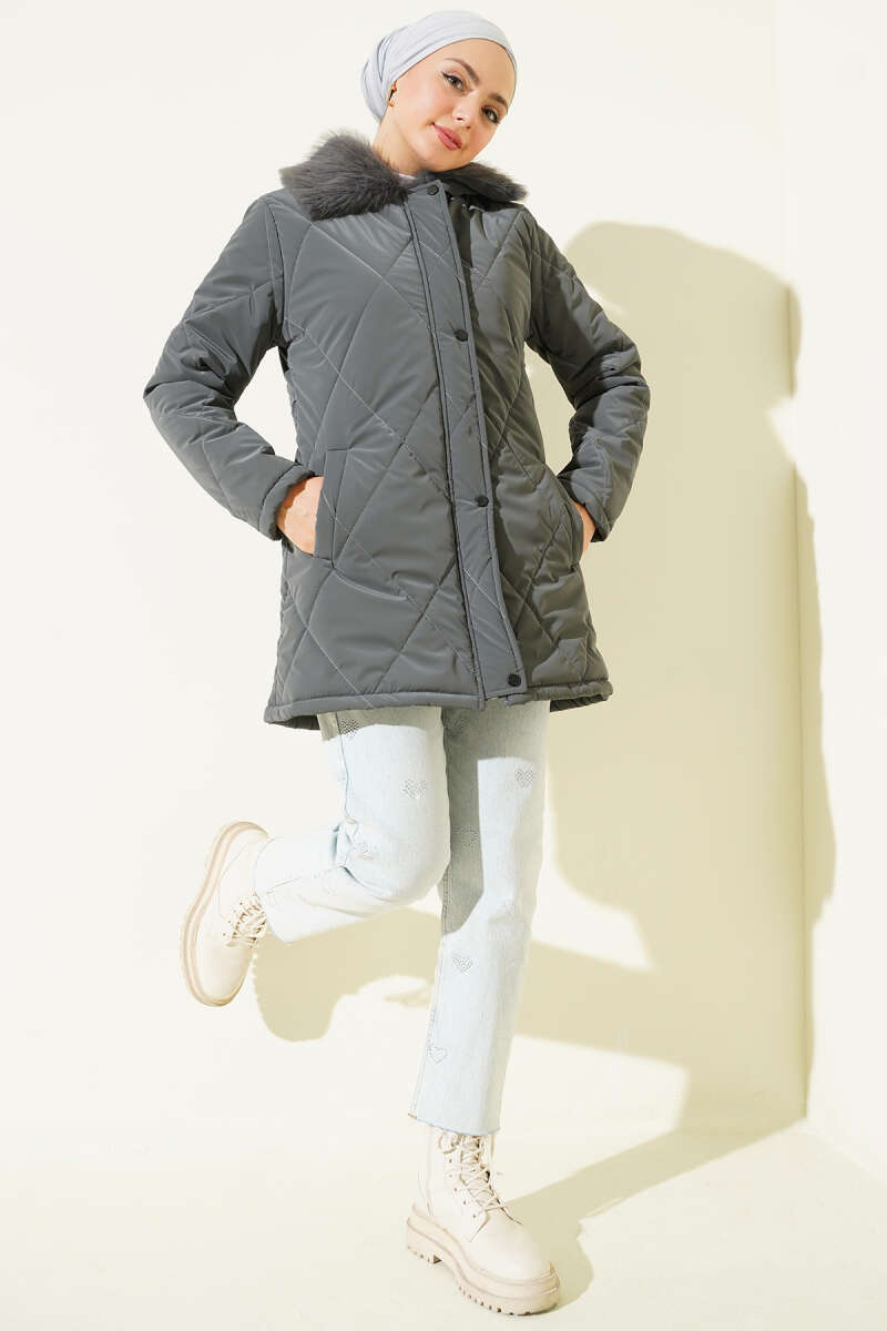 Quilted Zip Coat with Faux Fur Collar - Smoke Grey