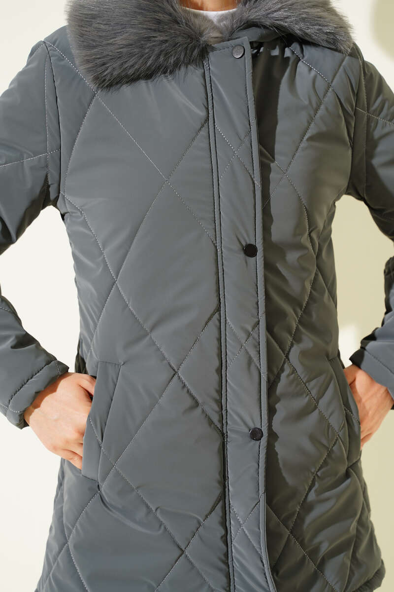 Quilted Zip Coat with Faux Fur Collar - Smoke Grey