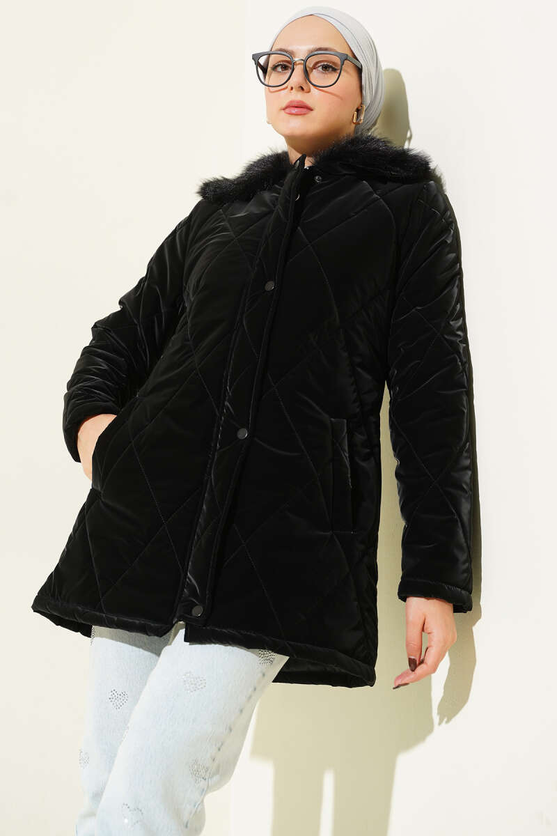 Quilted Zip Coat with Faux Fur Collar - Black