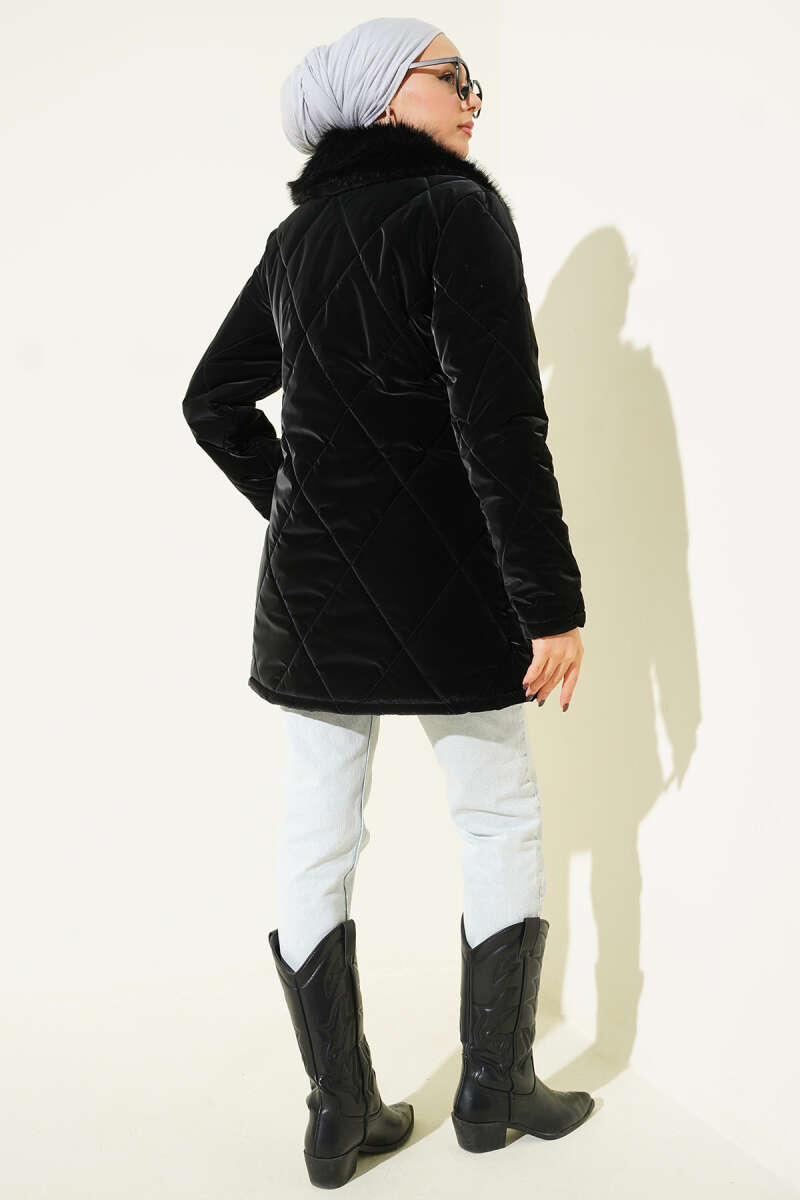 Quilted Zip Coat with Faux Fur Collar - Black