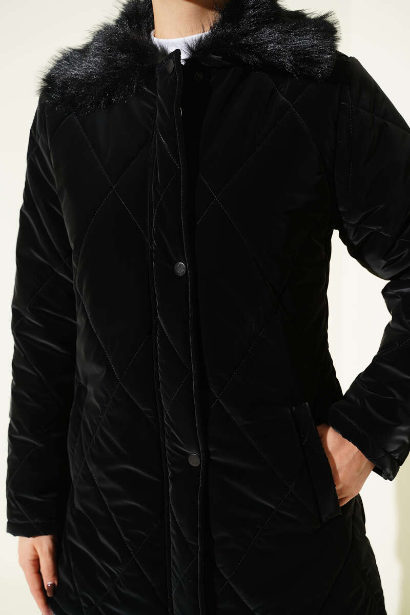 Quilted Zip Coat with Faux Fur Collar - Black