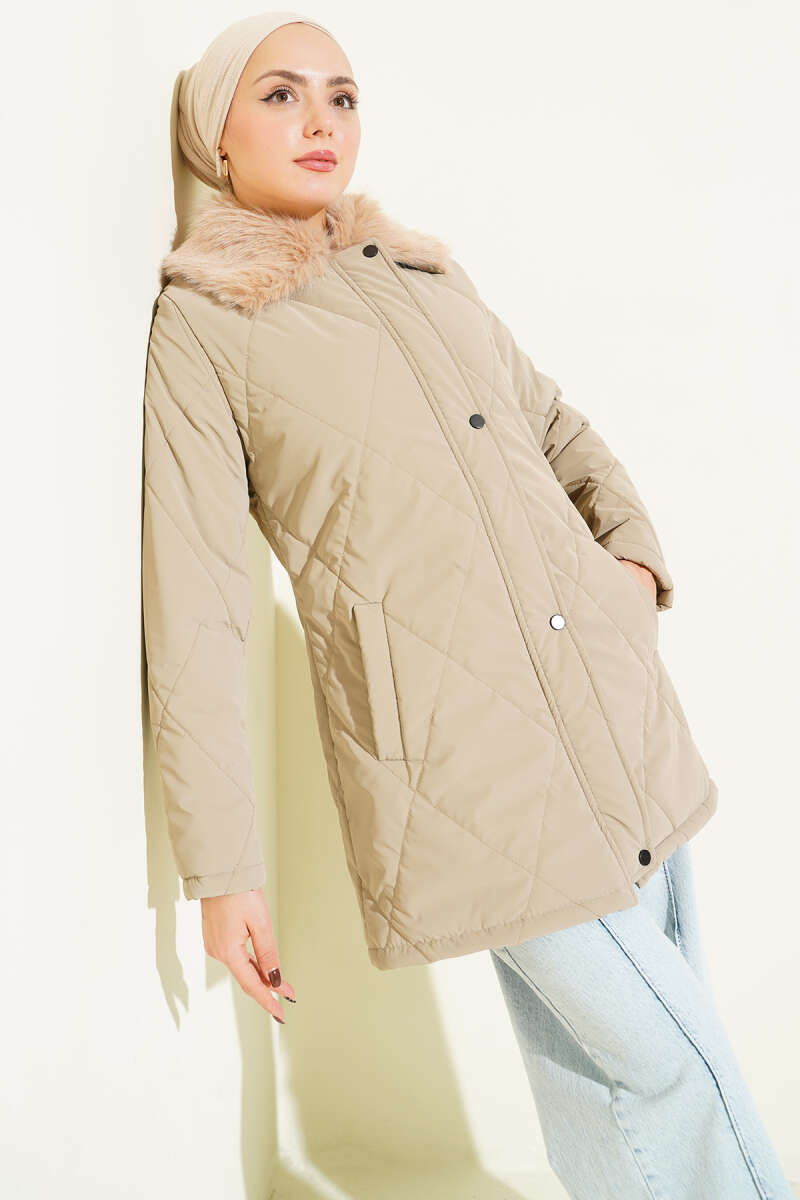 Quilted Zip Coat with Faux Fur Collar - Mink