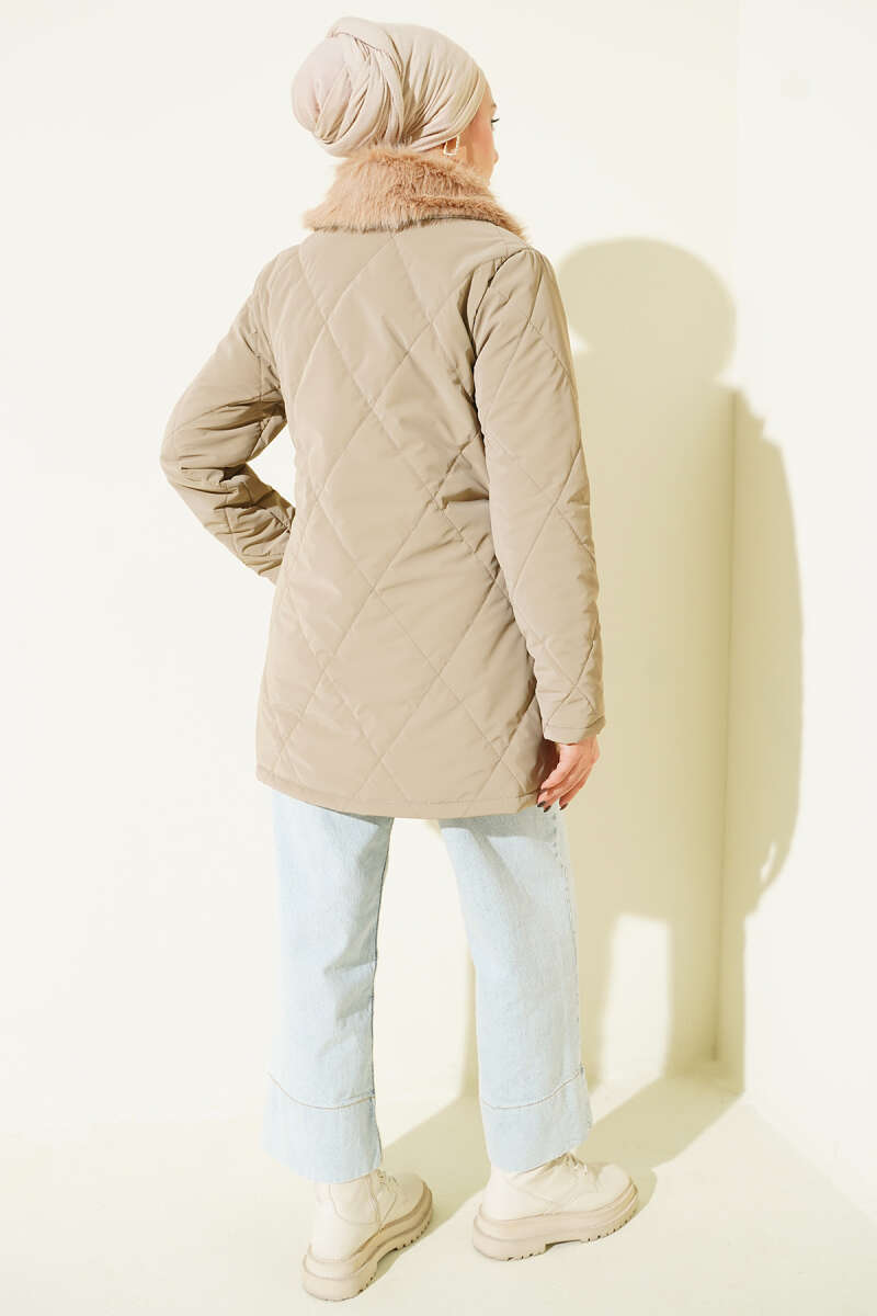 Quilted Zip Coat with Faux Fur Collar - Mink