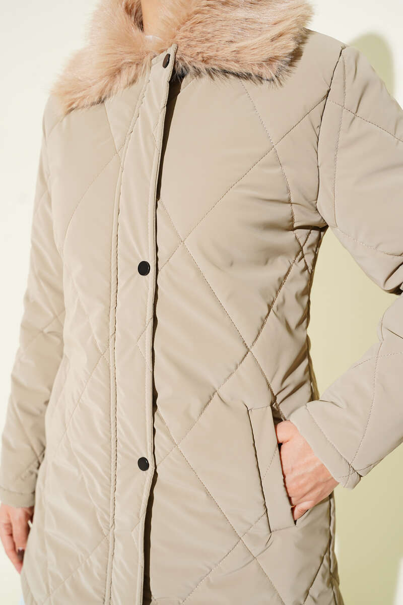 Quilted Zip Coat with Faux Fur Collar - Mink
