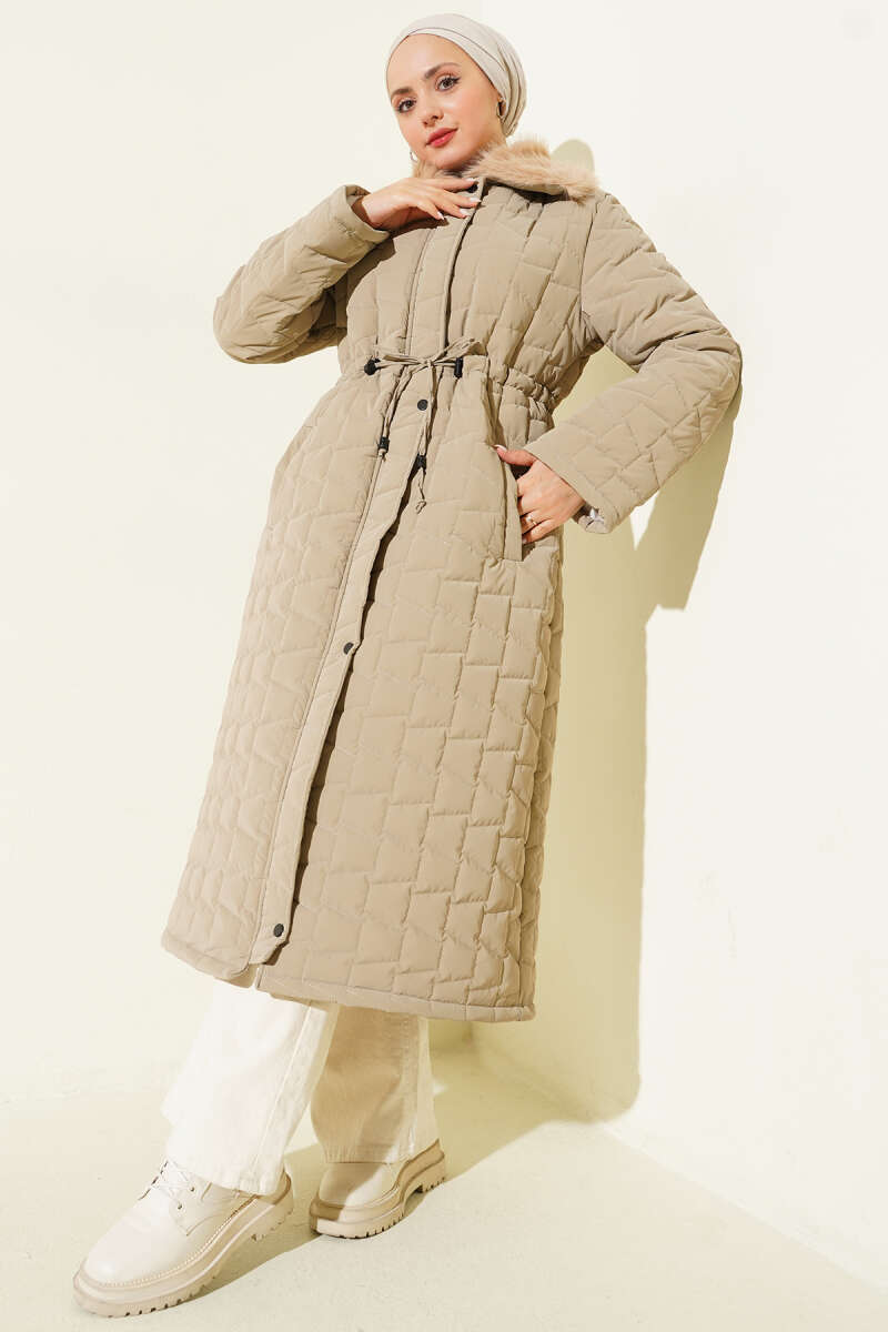 Long Quilted Zip Coat with Faux Fur Collar - Beige