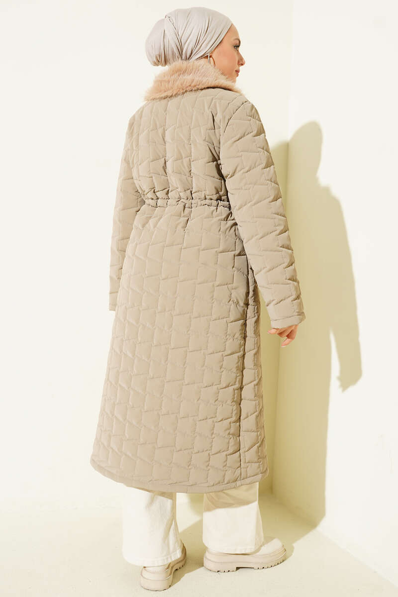 Long Quilted Zip Coat with Faux Fur Collar - Beige