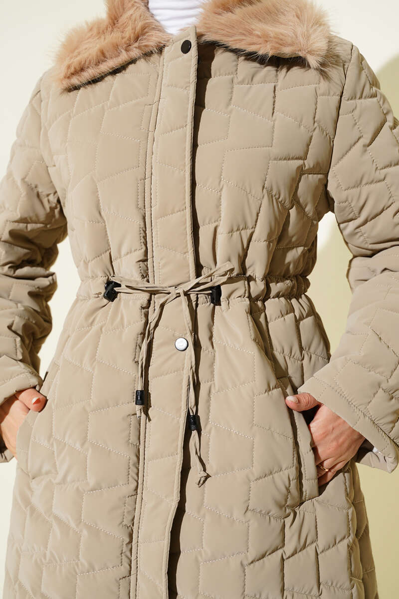 Long Quilted Zip Coat with Faux Fur Collar - Beige