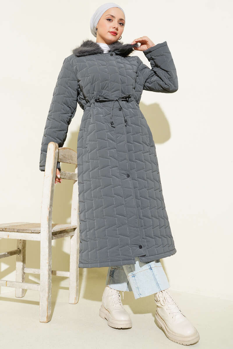 Long Quilted Zip Coat with Faux Fur Collar - Smoke Grey