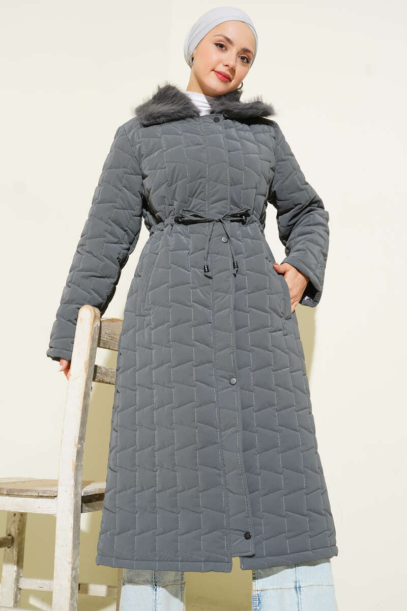 Long Quilted Zip Coat with Faux Fur Collar - Smoke Grey