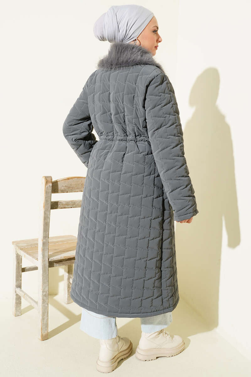 Long Quilted Zip Coat with Faux Fur Collar - Smoke Grey